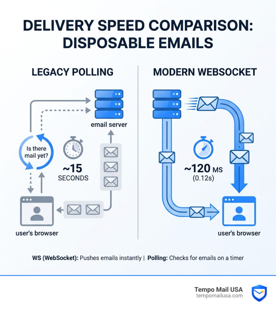 Legacy polling vs modern WebSocket delivery speed comparison for disposable email services - tempomailusa.com vs