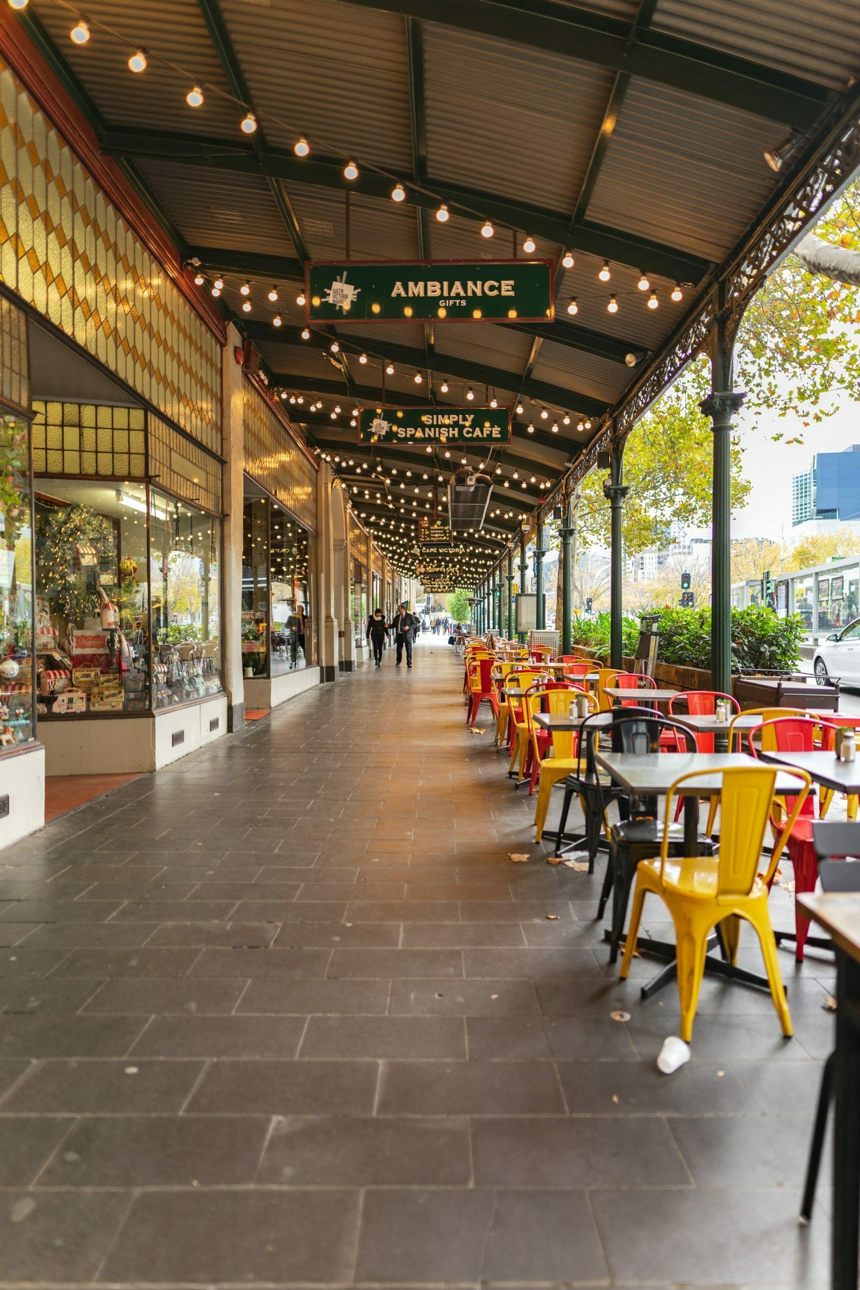 a long row of tables and chairs