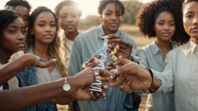 a diverse group of people, each holding a dna double helix model, standing together under a bright sky.