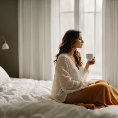 a pregnant woman is sitting by the bed with a ginger tea, looking out the window with a serene expression.