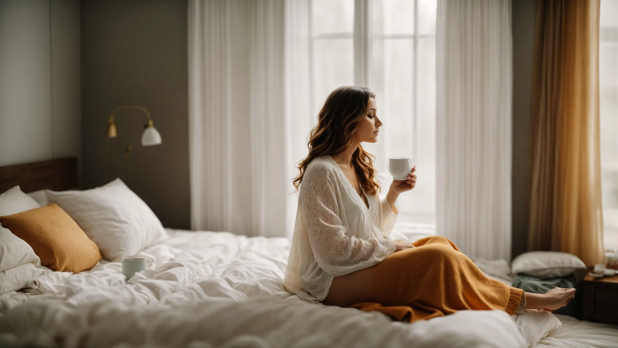 a pregnant woman is sitting by the bed with a ginger tea, looking out the window with a serene expression.