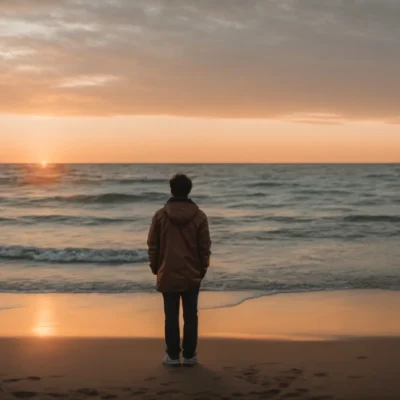 a lonely person watching the sunset from a quiet beach, signifying a moment of reflection and moving forward.
