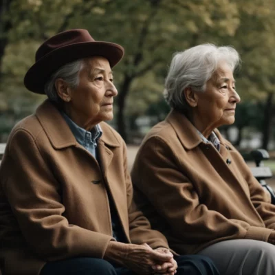 two elderly people are sitting together on a park bench, one looking thoughtfully into the distance.
