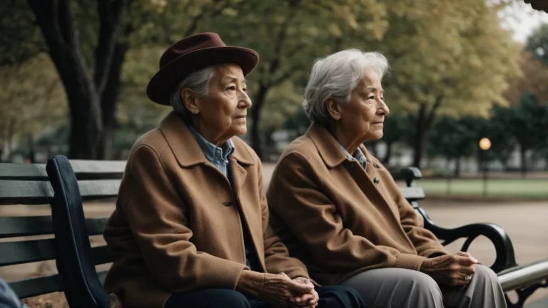 two elderly people are sitting together on a park bench, one looking thoughtfully into the distance.