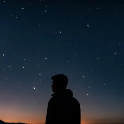 a person gazes towards the night sky dotted with stars and the silhouettes of zodiac signs.