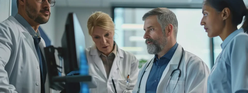 business professionals gather around a computer screen, discussing the benefits of using medical ai scribe to overcome healthcare documentation challenges.