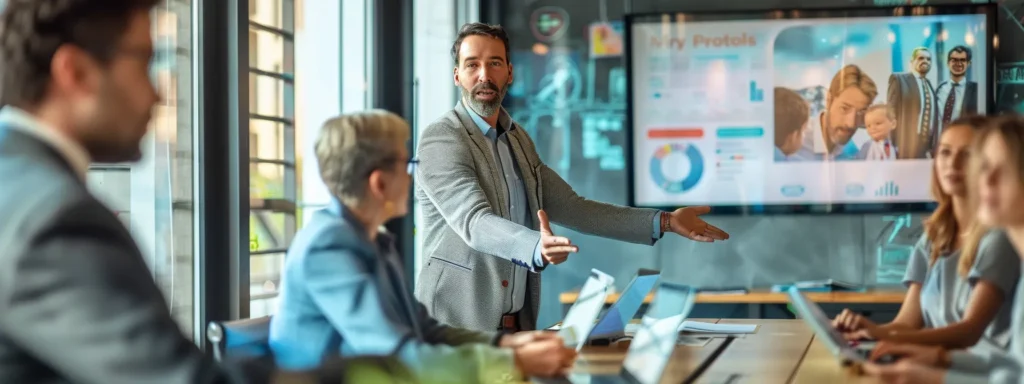 business professionals in a conference room pointing to a poster of mr. perfect plumbing and discussing preventive measures to avoid plumbing disasters in denver.