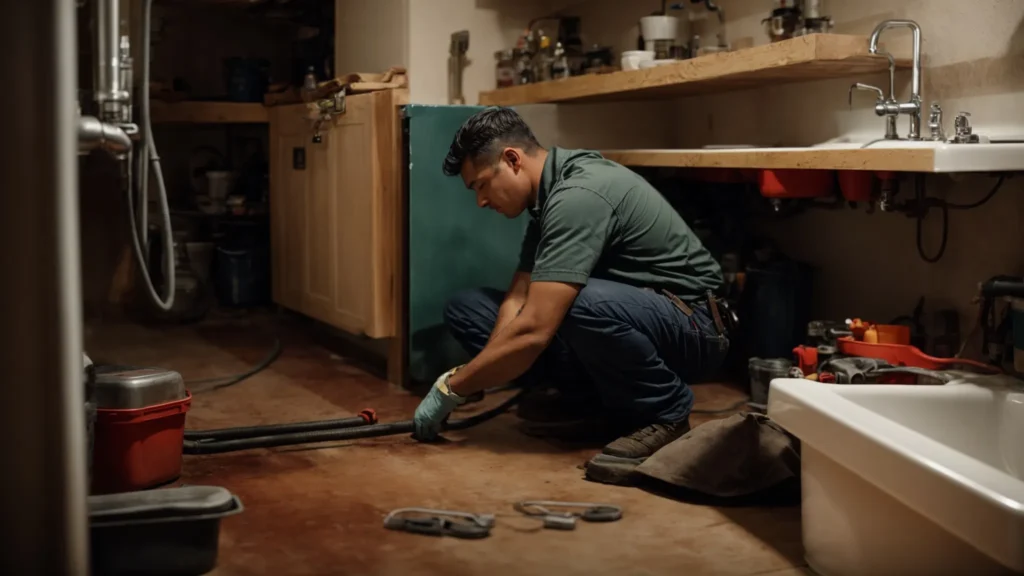 a plumber kneels beside a leaking pipe under a sink with a toolbox, fixing the issue in a denver home.