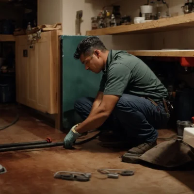 a plumber kneels beside a leaking pipe under a sink with a toolbox, fixing the issue in a denver home.