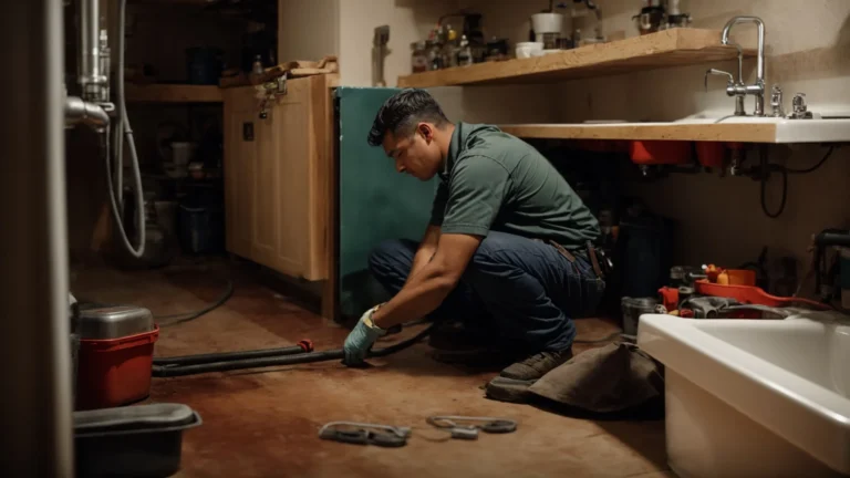 a plumber kneels beside a leaking pipe under a sink with a toolbox, fixing the issue in a denver home.