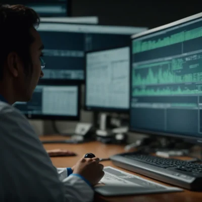 a doctor speaks into a microphone as a computer screen displays a patient's electronic health record updating in real-time.