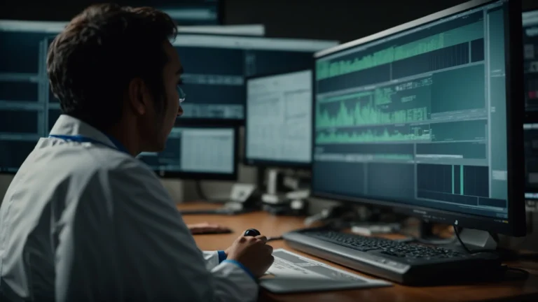 a doctor speaks into a microphone as a computer screen displays a patient's electronic health record updating in real-time.