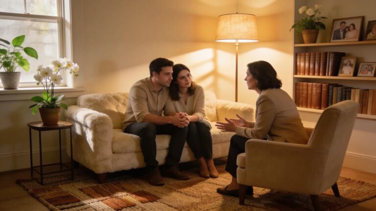 Couple engaged in heartfelt conversation with marriage counselor, illustrating the supportive environment of counseling