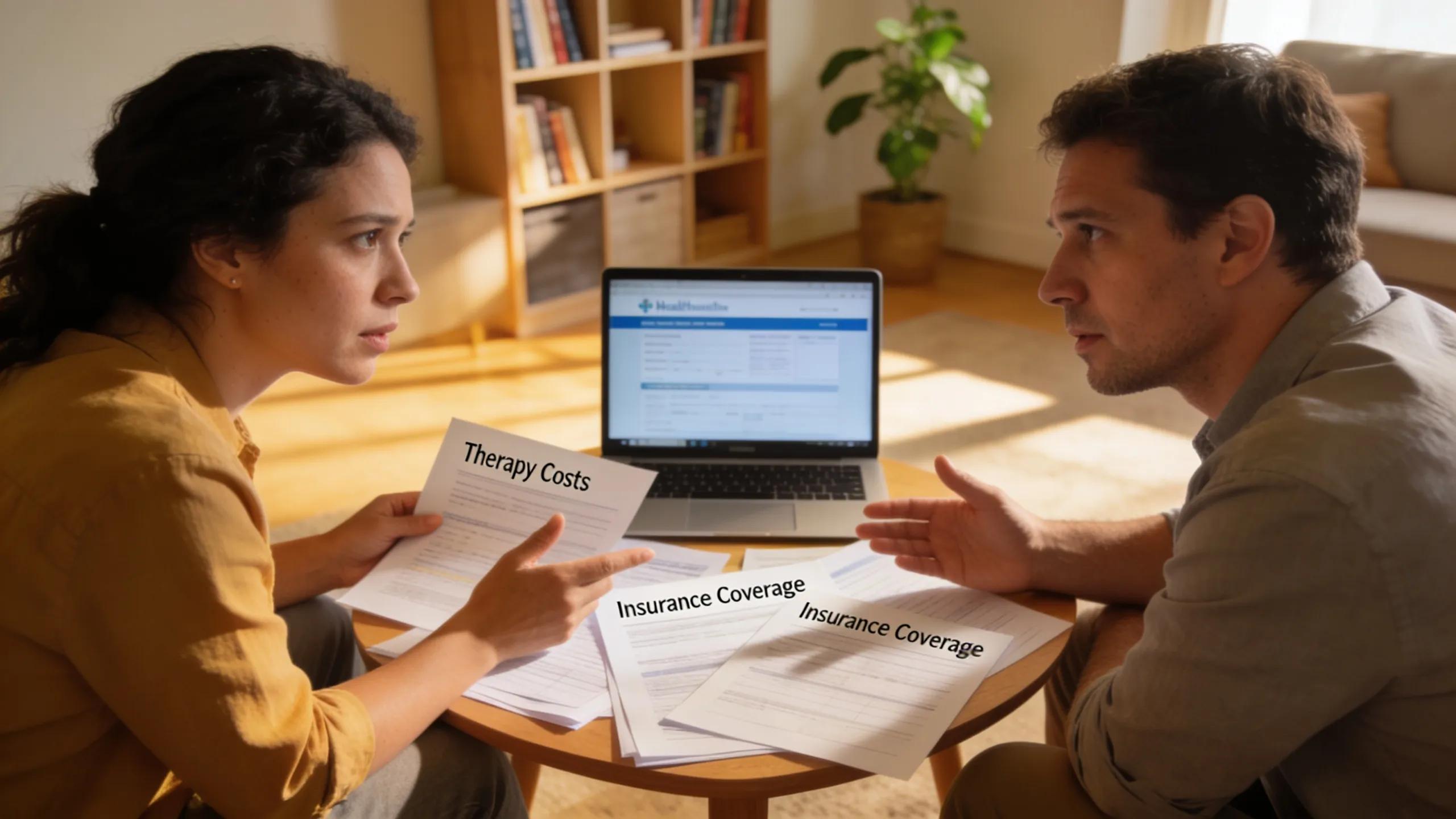 How Much Does Couples Therapy Cost? A Realistic Price Guide 3 Couple evaluating insurance options for couples therapy, focusing on financial planning and care options