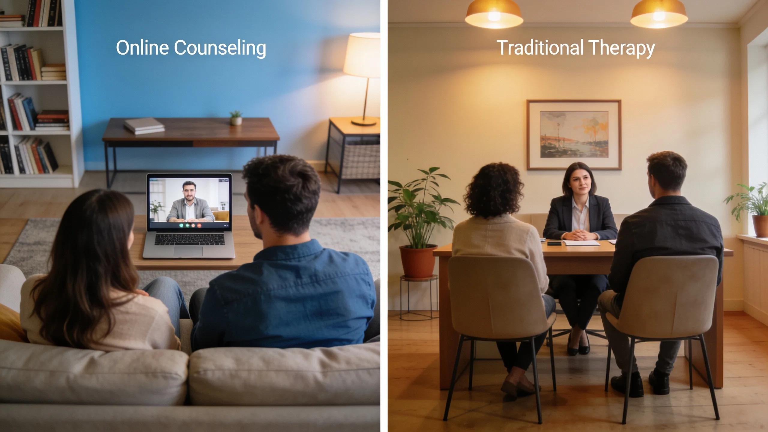 How Much Does a Marriage Counselor Cost? 3 Couples in online and in-person therapy sessions, illustrating the comparison of counseling methods